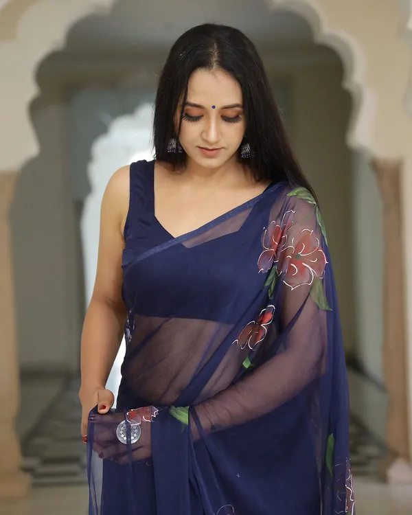 Navy_Blue_Floral_H_Painted_Chiffon_Saree_For_Women